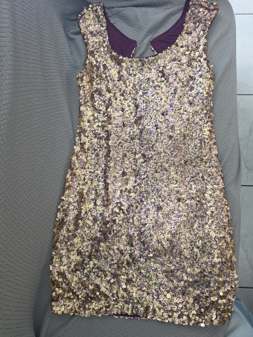 Cache Purple and Gold Sequin Sleeveless Cocktail Dress